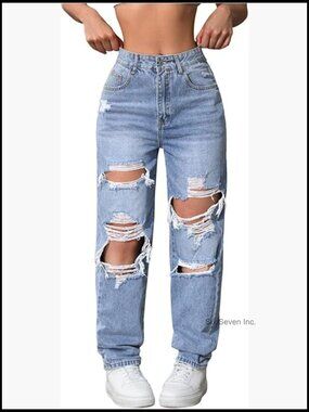 High Waisted Distressed Straight Leg Jeans Ripped Denim